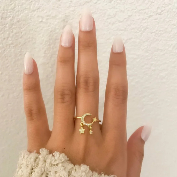 925 Sterling Silver Dangle Moon & Star Ring Gold Ring Dainty Gold Ring - Picture 2 of 7